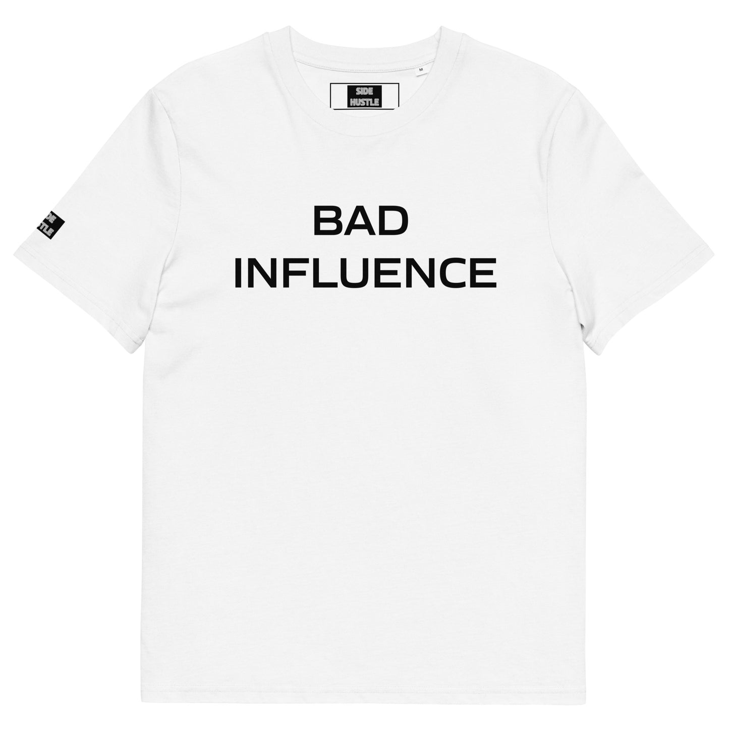 White t-shirt with the words Bad Influence in black capitol block letter