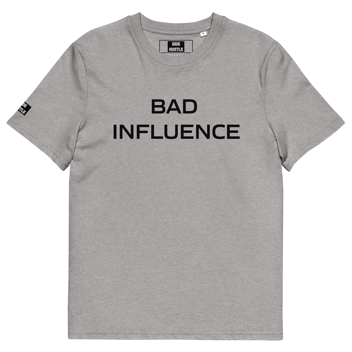 Gray t-shirt with 'BAD INFLUENCE' text on a grey background