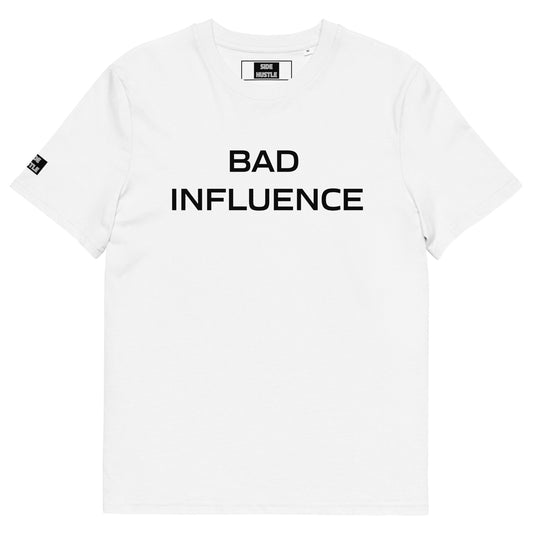 White t-shirt with the words Bad Influence in black capitol block letter