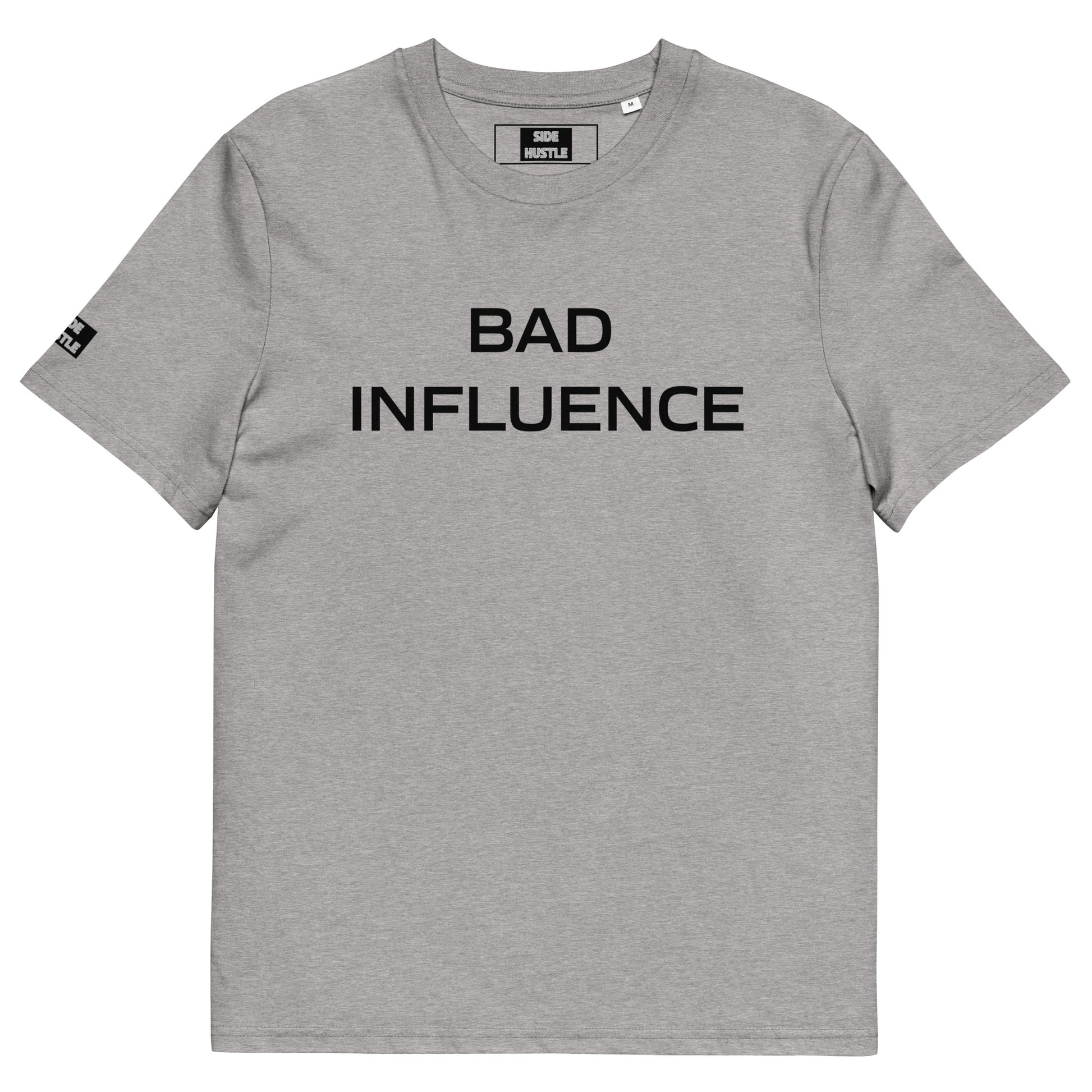 Gray t-shirt with 'BAD INFLUENCE' text on a grey background