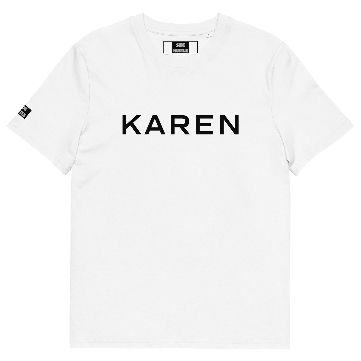 White t-shirt with 'KAREN' printed on it against a white background