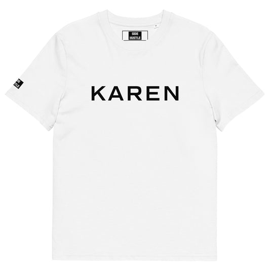 White t-shirt with 'KAREN' printed on it against a white background